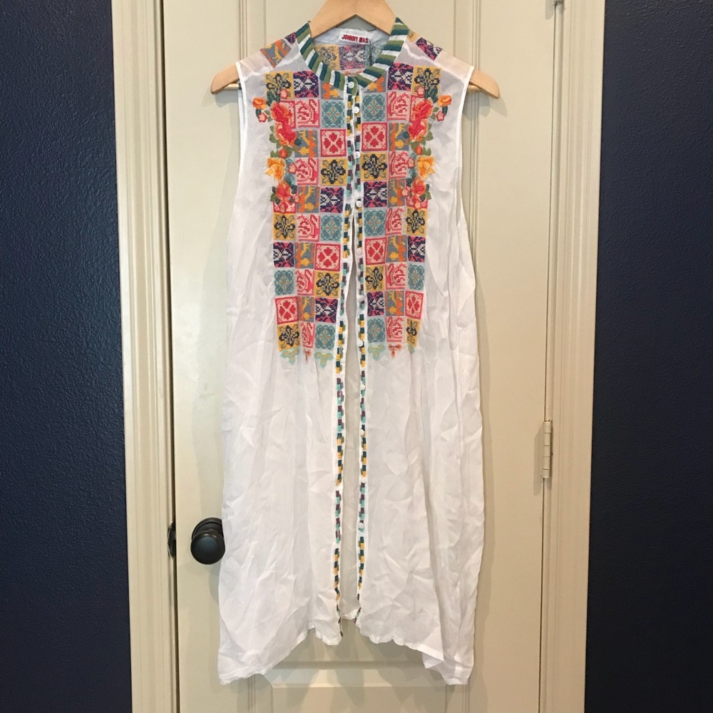 NWT Johnny Was White Embroidered Button-Up Dress